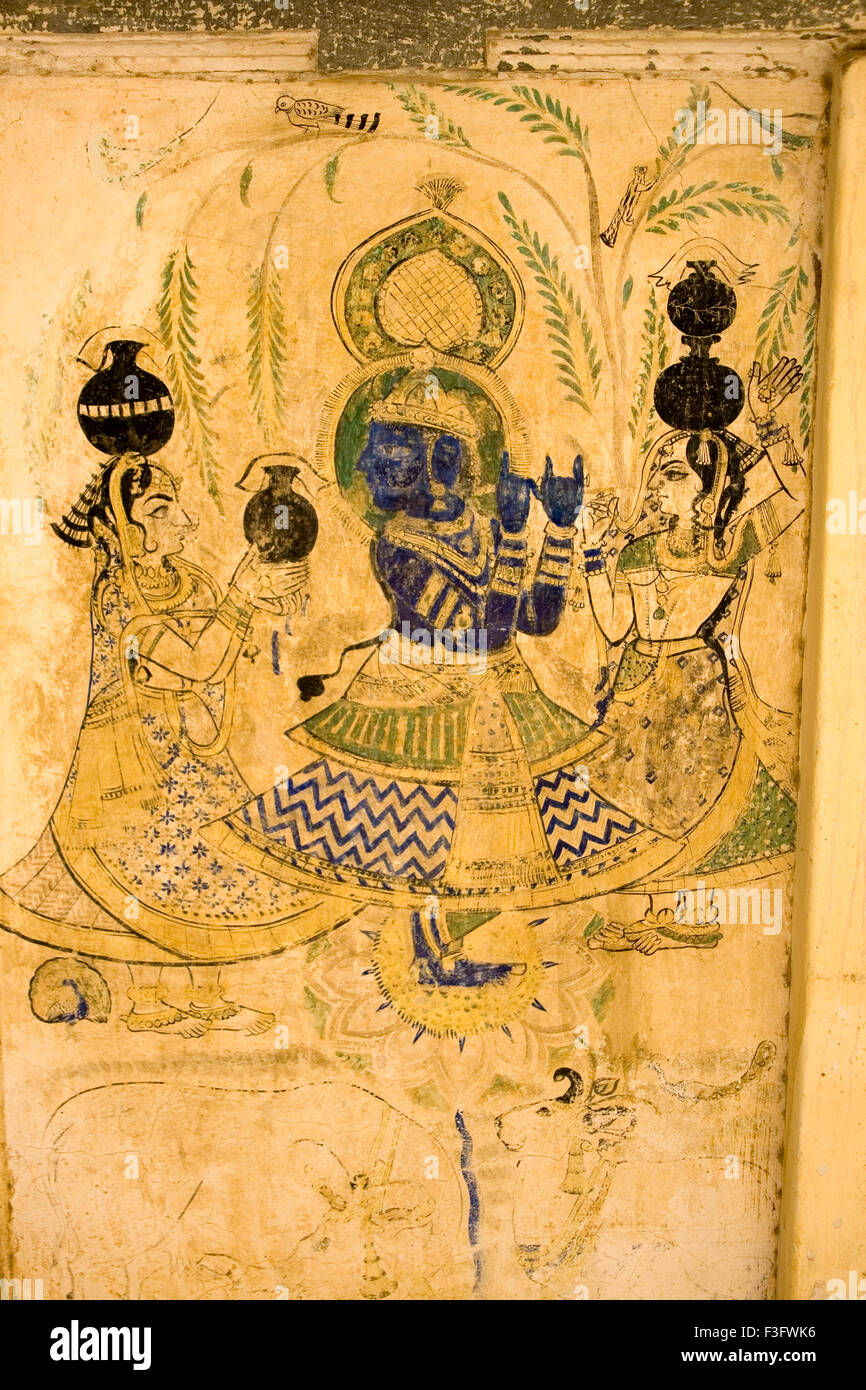 Painting on wall of lord Krishna ; Udaipur ; Rajasthan ; India ...