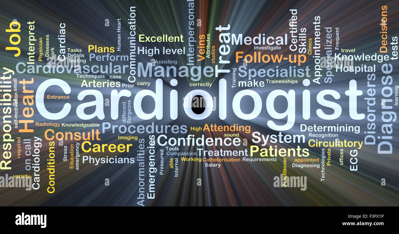 Background concept wordcloud illustration of cardiologist glowing light Stock Photo