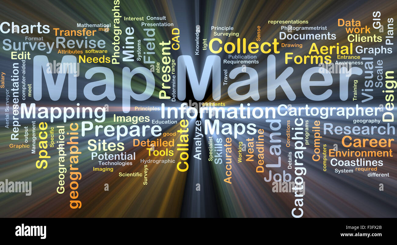 Background concept wordcloud illustration of map maker glowing light Stock Photo