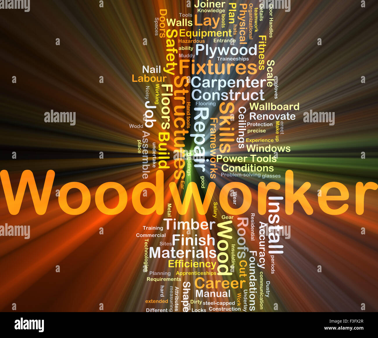 Background concept wordcloud illustration of woodworker glowing light Stock Photo