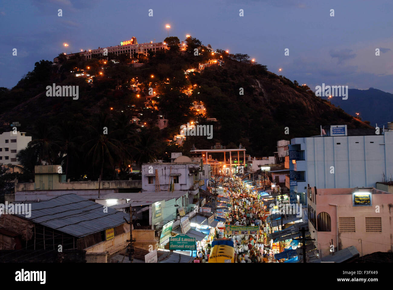 Palani city and hill view in twilight Palni hill temple is situated at an elevation of 1500 feet above sea level ; Tamil Nadu india Stock Photo