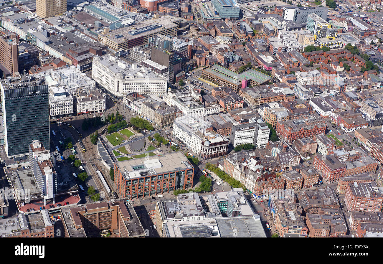 An aerial view of Manchester City Centre, North West England, Piccadilly Gardens and the Northern Quarter Stock Photo