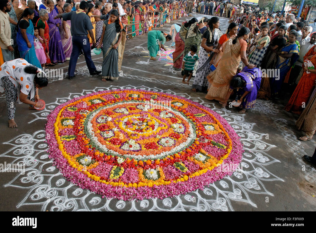 Kolam and floral decoration during festival ; Mylapore ; Chennai ...