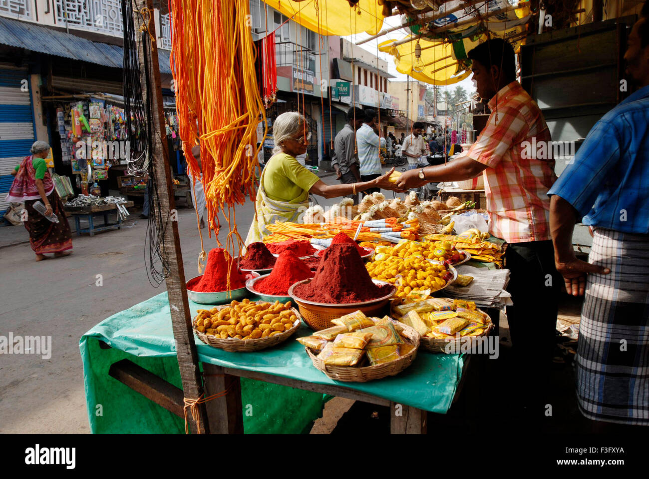 Shop selling pooja items ; Swamimalai ; Tamil Nadu ; India Stock Photo