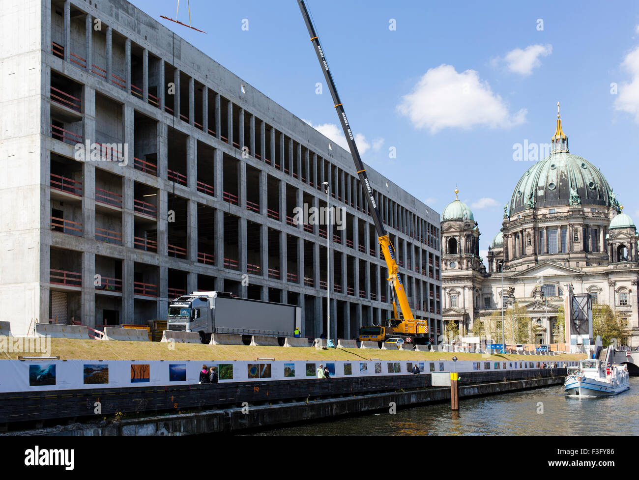 Berliner Dom and the reconstruction site of the new Berliner Stadtschloss as seen from the River Spree. Stock Photo