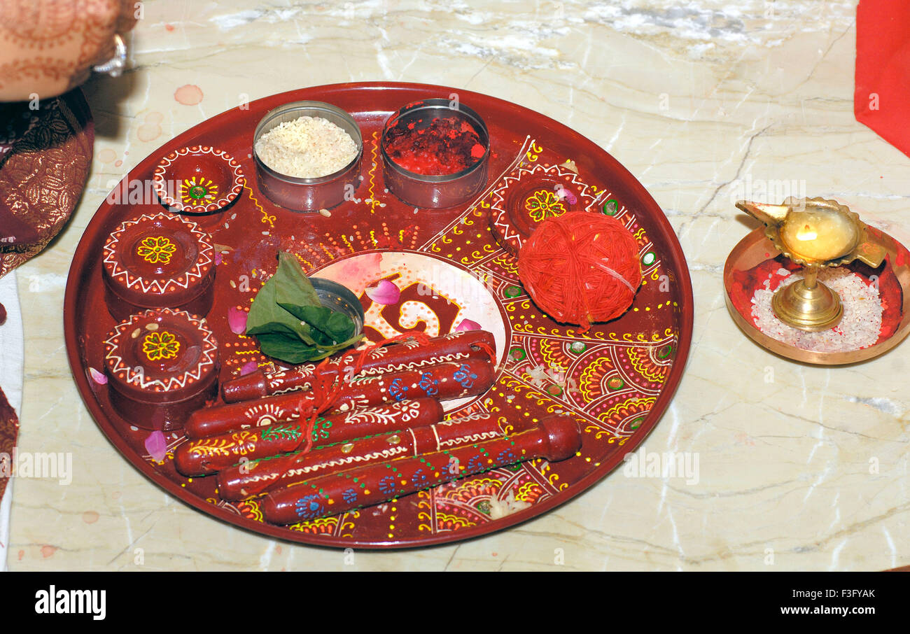 Pooja Samagri in thali Stock Photo Alamy