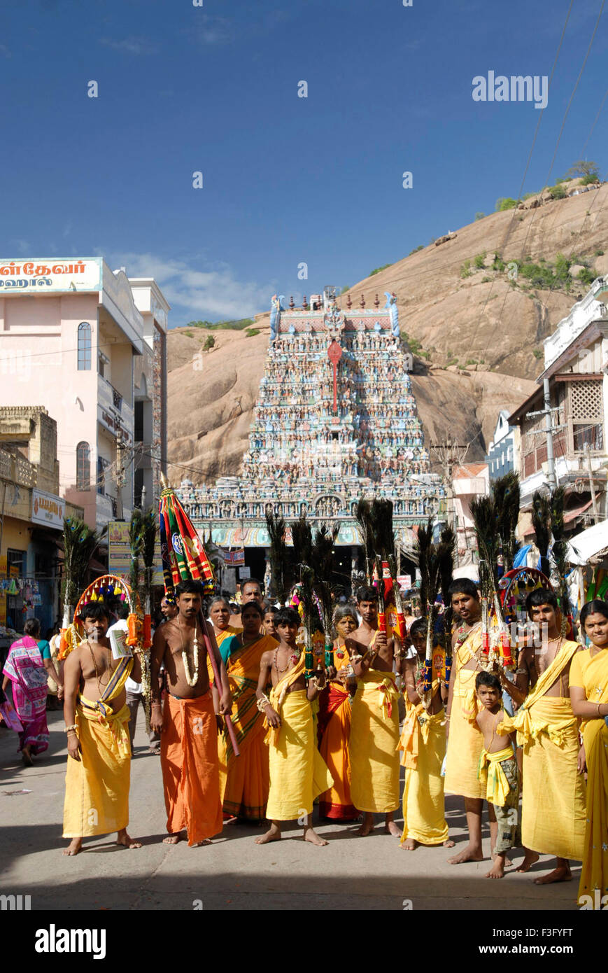 Devotees in street in front of Subrahmanya Swami temple on Vaikasi Visakam festival day Tirupparankundram Tamil Nadu Stock Photo