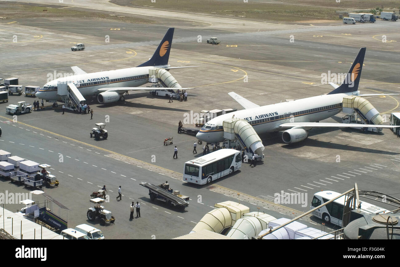 Jet Airways Aircrafts parked at CST airport ; Santacruz ; Bombay now Mumbai ; Maharashtra ; India Stock Photo