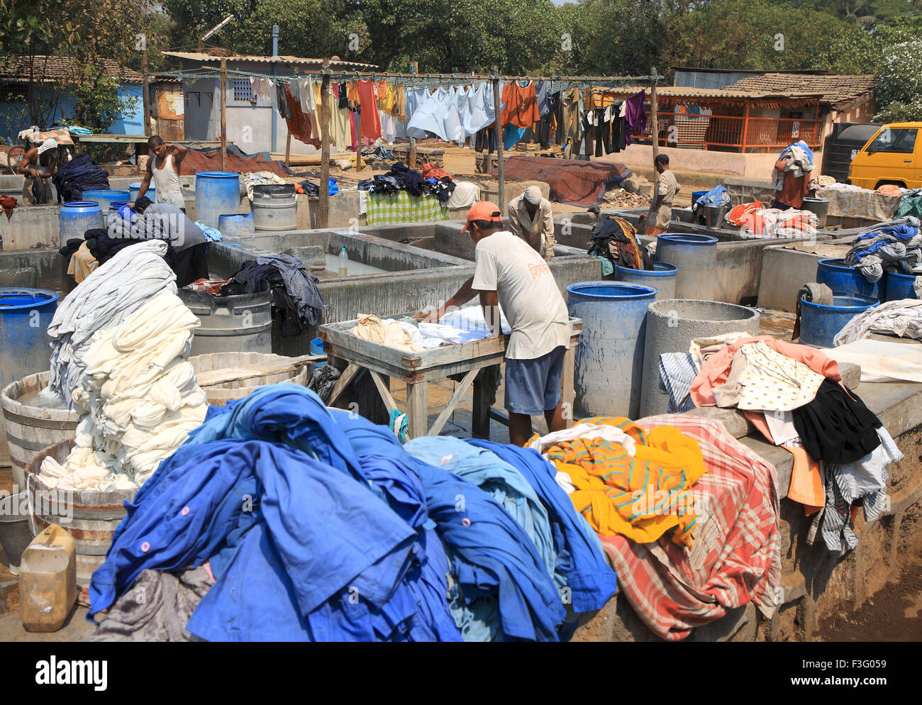 Clothes being hanged for drying at Lower Parel ; Bombay now Mumbai ; Maharashtra ; India Stock Photo