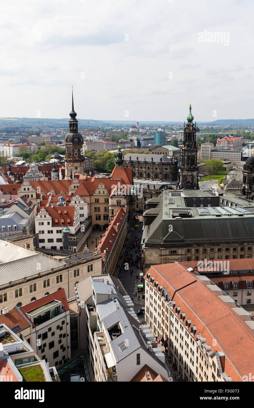 View from the top of Dresden Frauenkirche Cathedral over looking the Hofkirche and Residenzschloss. Stock Photo