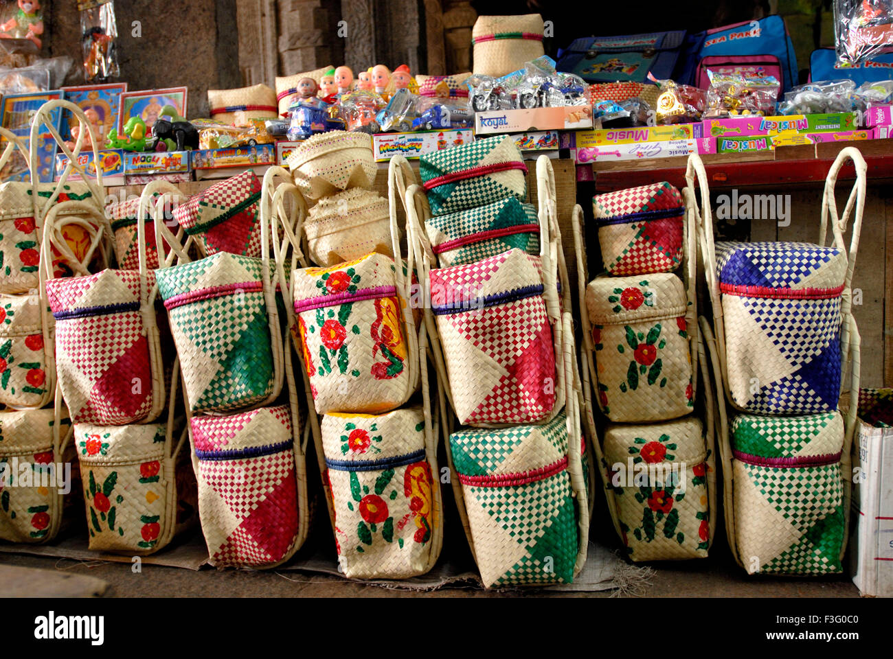 Eco friendly palm leaf baskets shop in the Meenakshi Amman temple Corridor ; Madurai ; Tamil Nadu ; India Stock Photo
