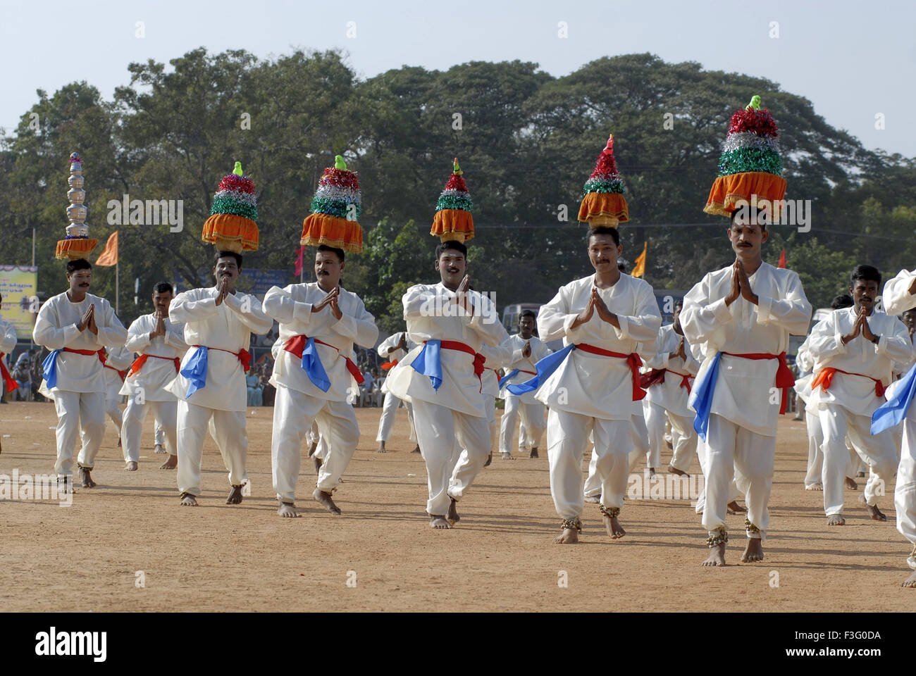 Karaganda Dancers ; men performing folk dance ; Tamil Nadu ; India Stock Photo