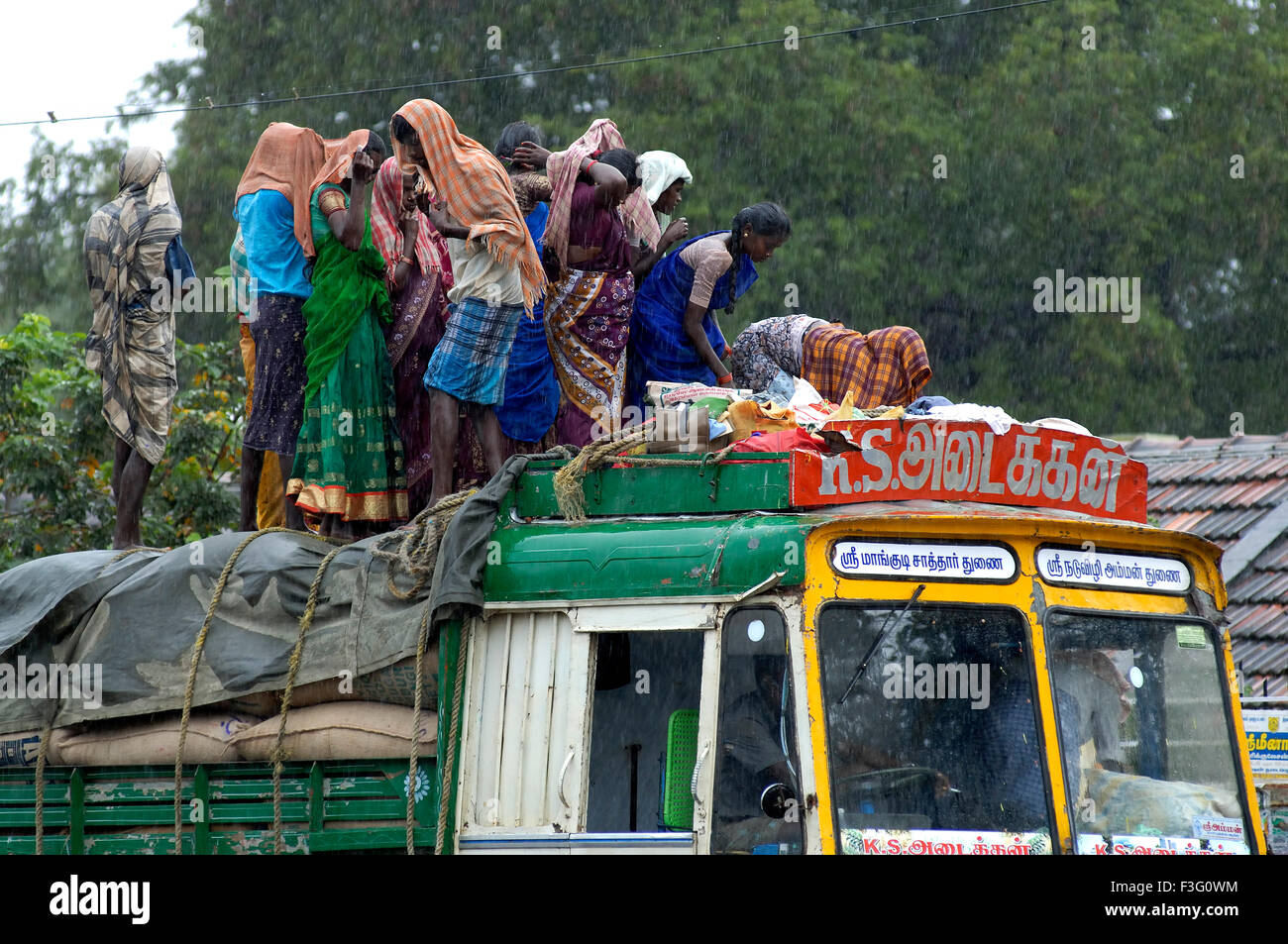 Coolies standing on a lorry top on a rainy day ; Tamil Nadu ; India Stock Photo