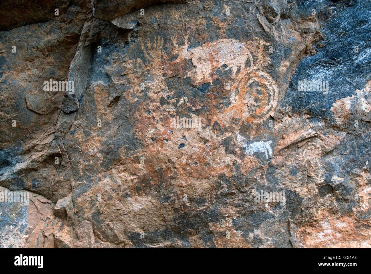 Pre historic rock paintings at Porivarai in Karikkiyoor ; Nilgiris ; Tamil Nadu ; India Stock Photo