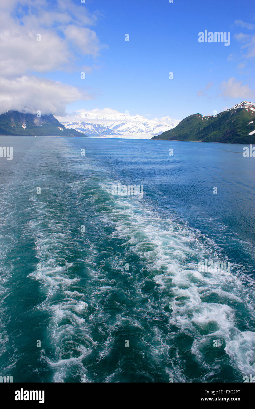Distance view Hubbard glacier; waves created by cruise ship Alaska Saint Elias national park ; disenchantment bay U.S.A. Stock Photo