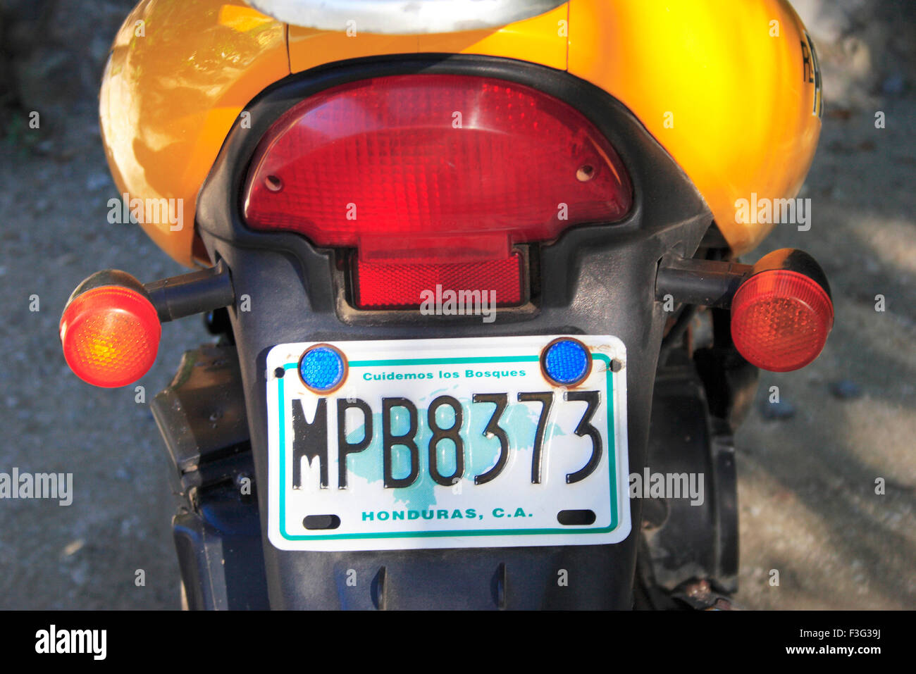 Motor cycle number license plate ; Island Roatan ; country Honduras Stock Photo