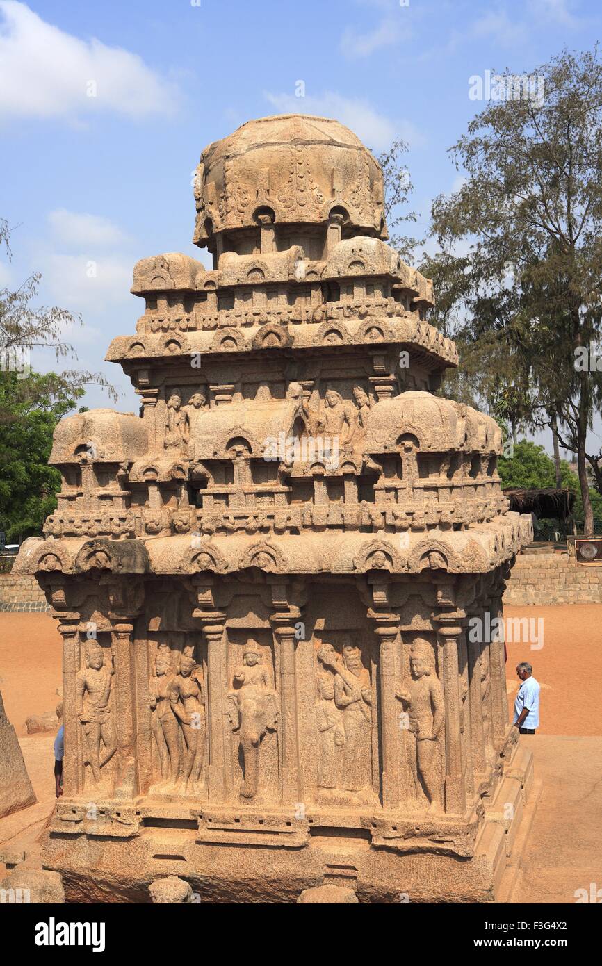 Arjuna Ratha Pancha King Mamalla Monolith rock carving temples ; Mahabalipuram Chengalpattu Tamil Nadu Stock Photo