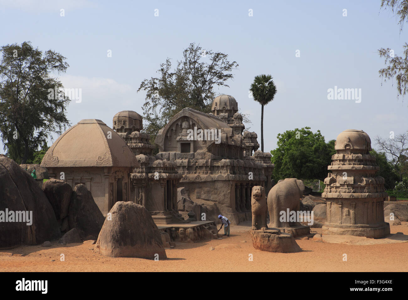 Pancha Rathas carved King Mamalla Monolith rock carving temples Mahabalipuram Chengalpattu Tamil Nadu Stock Photo