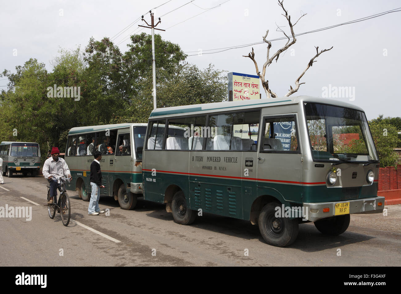 Environment friendly battery operated bus at Taj Mahal Seventh Wonders of World Agra ; Uttar Pradesh ; India Stock Photo