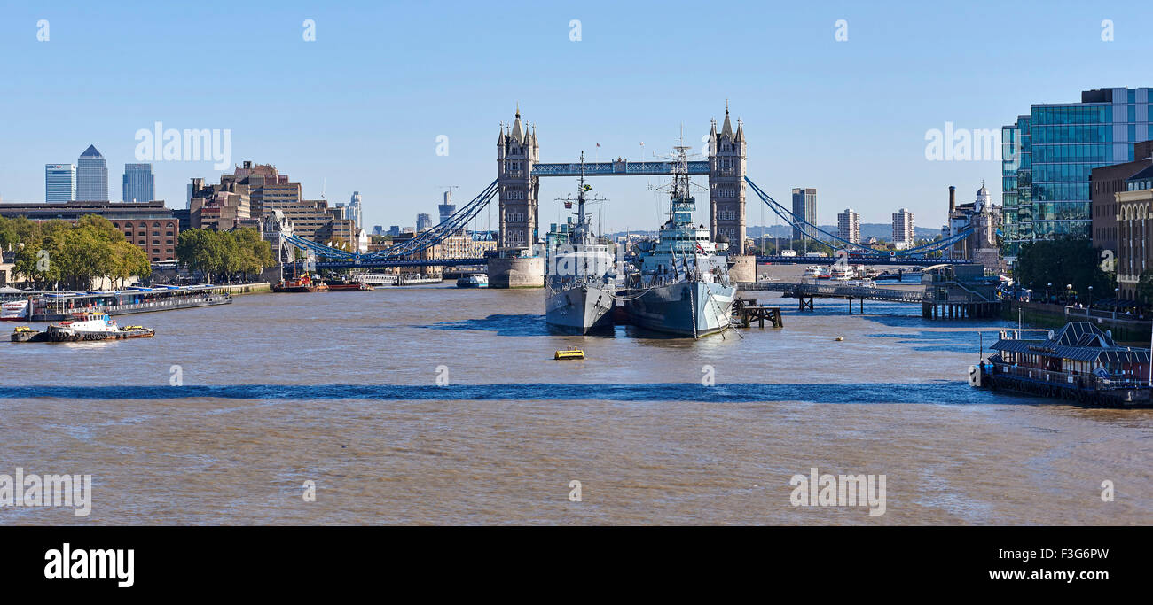 Looking downriver on the Thames, from London Bridge, towards Tower Bridge & HMS Belfast, London, UK Stock Photo