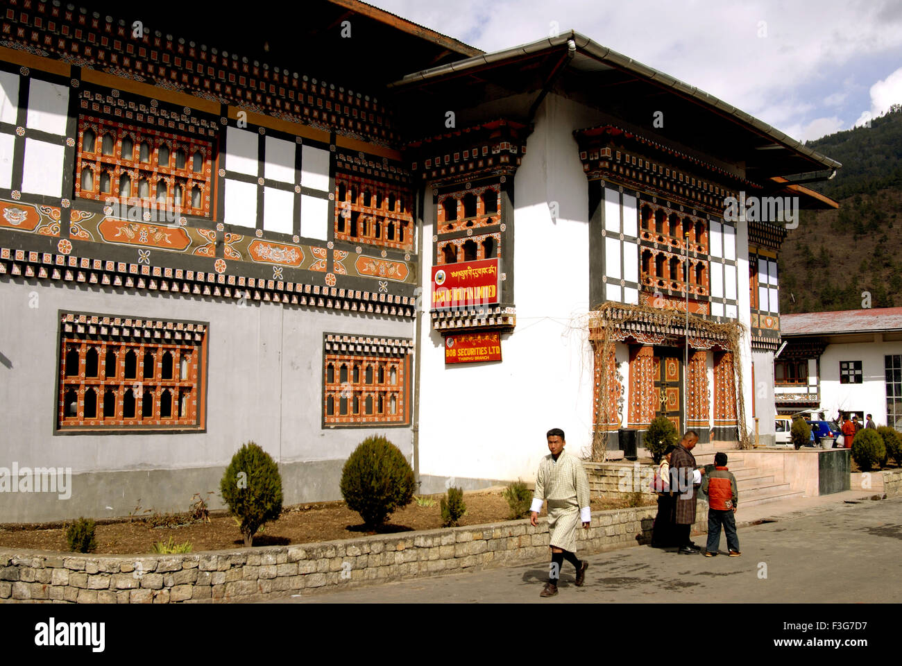 Decorative building of Bank of Bhutan Thimpu Branch at Capital city Thimpu Royal Govt of Bhutan Stock Photo