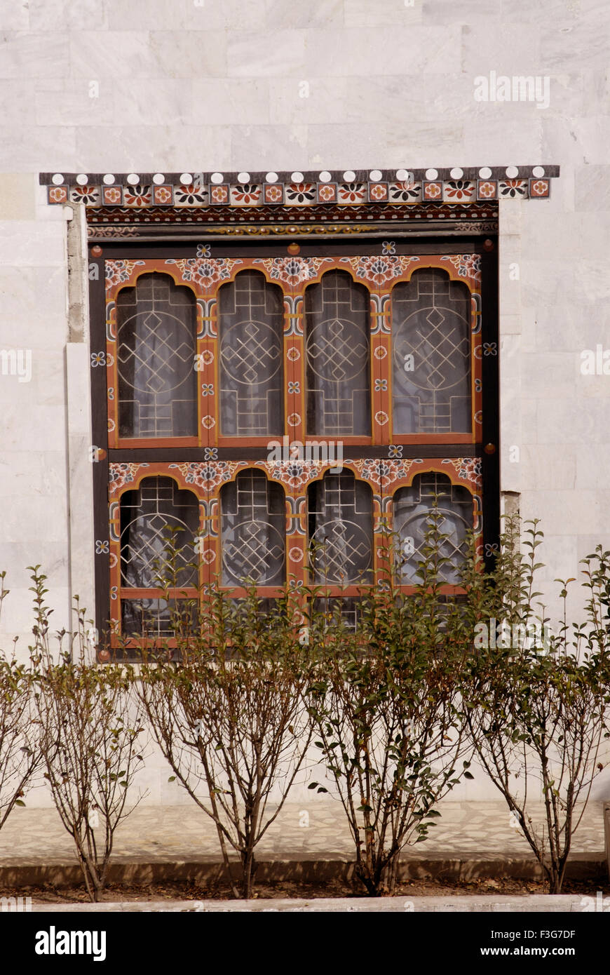 Decorative windows, Capital city, Thimpu, Royal Govt Of Bhutan, Bhutan, Kingdom of Bhutan Stock Photo