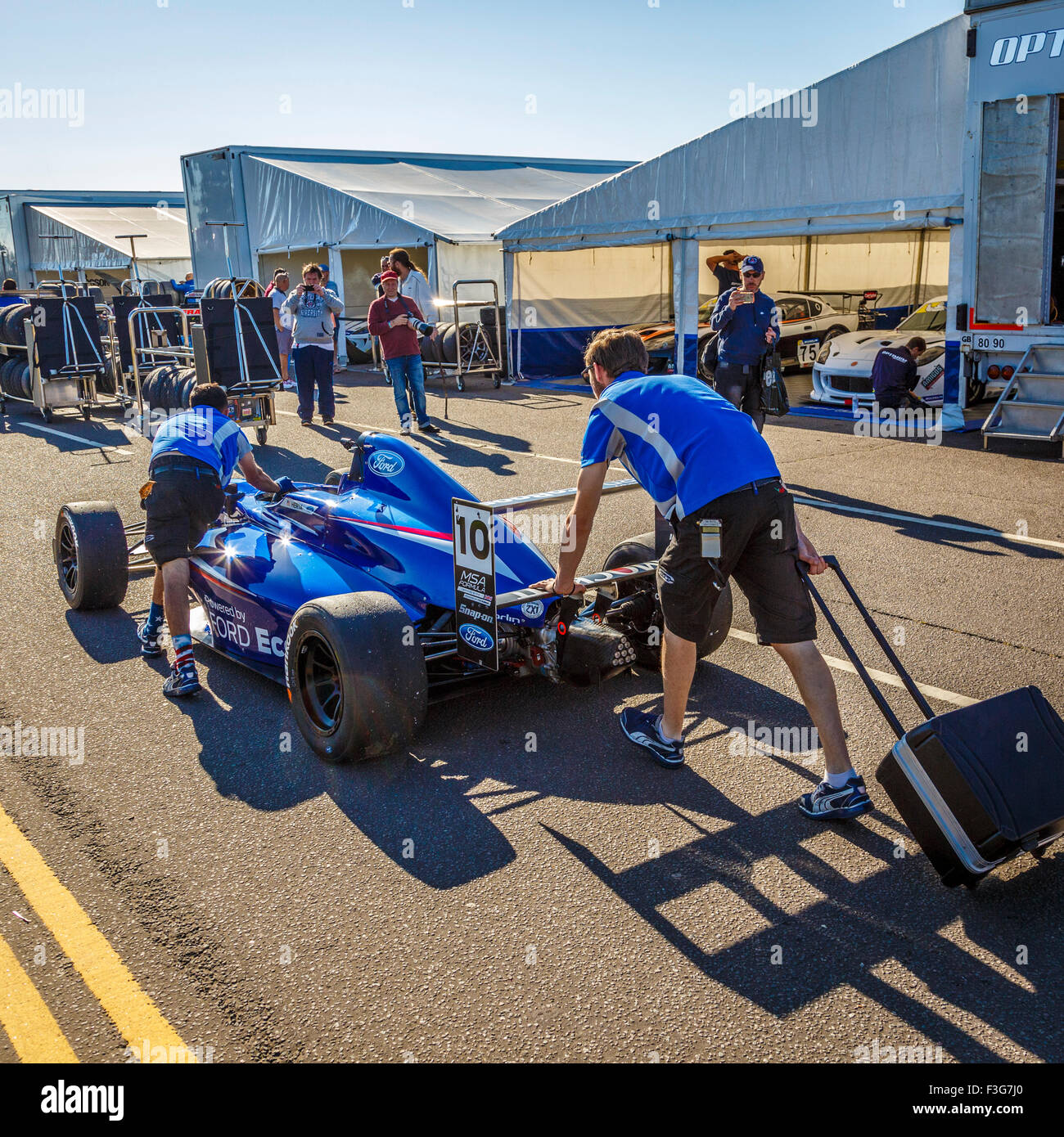 Colton Herta's MSA Formula Ford single seater is taken to the paddock ...