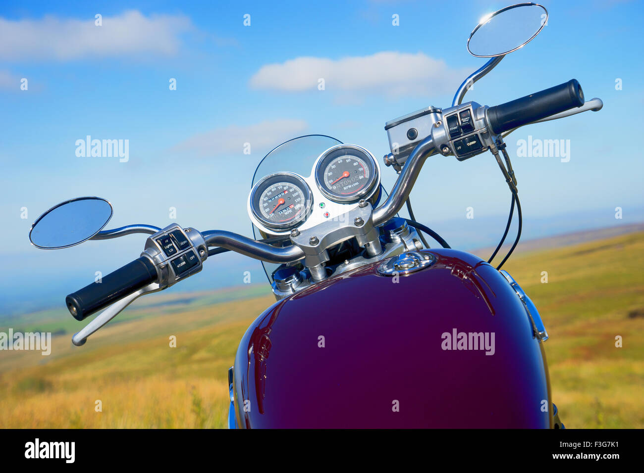 View over motorbike handlebars Stock Photo Alamy