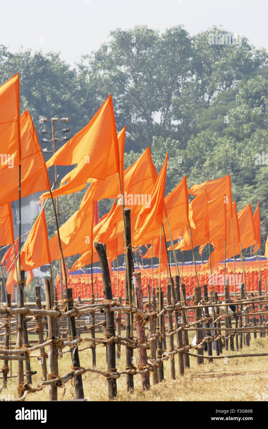 Rows of saffron colour flag of Hinduism ; Shiv sena party at Dadar ; Bombay  now mumbai ; Maharashtra ; India Stock Photo - Alamy