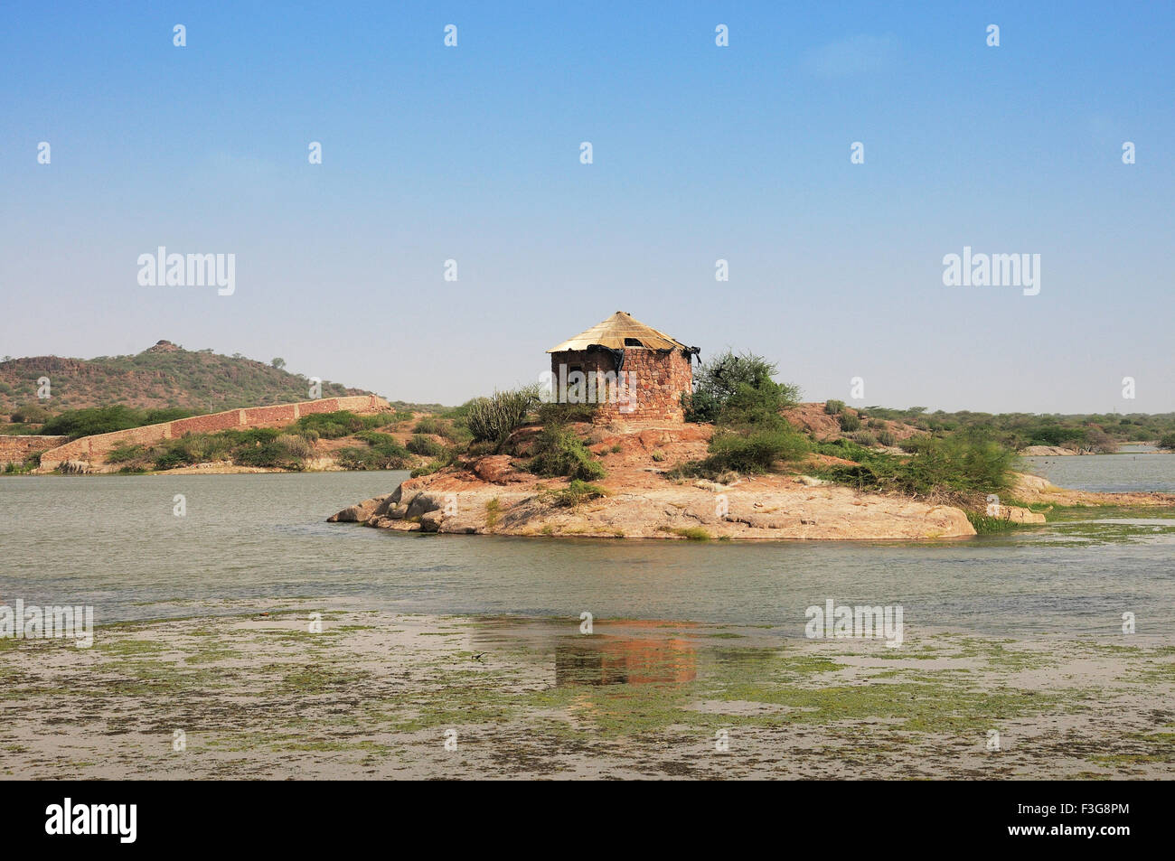 Hut on small island in Kaylana lake ; Jodhpur ; Rajasthan ; India Stock Photo
