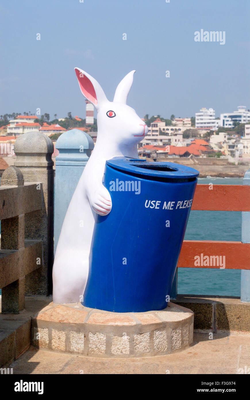 Rabbit holding dust bin ; Vivekananda rock memorial ; Kanyakumari ...
