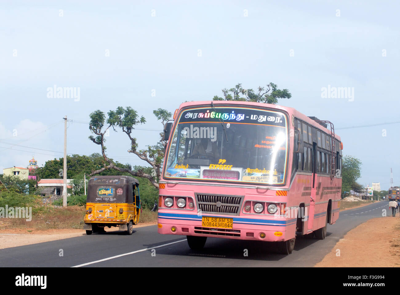 Colourful public transport bus ; traffic on national highway number 49 at Rameswaram ; Char Dham ; Tamil Nadu ; India Stock Photo