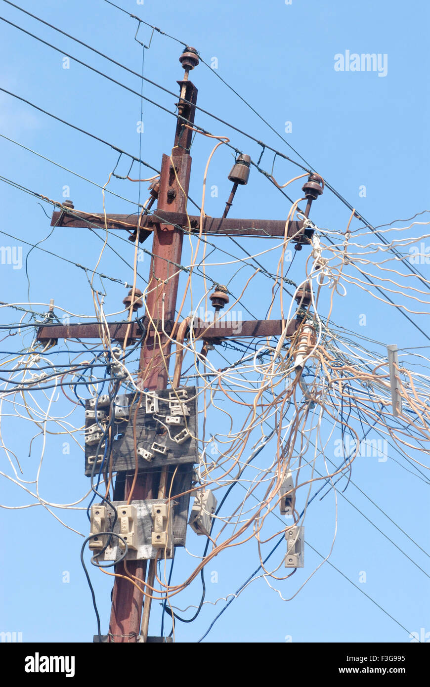 Electric pole with hundreds of congested open connections at Rameswaram ; Tamil Nadu ; India Stock Photo
