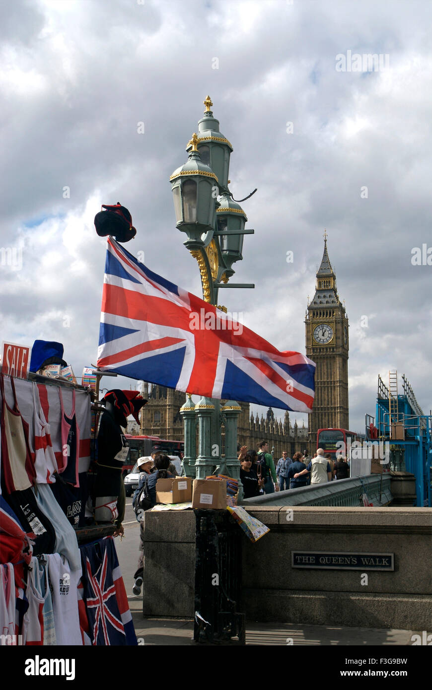 British National Flag and Big Ben and The House Of Parliament London UK United Kingdom England Stock Photo