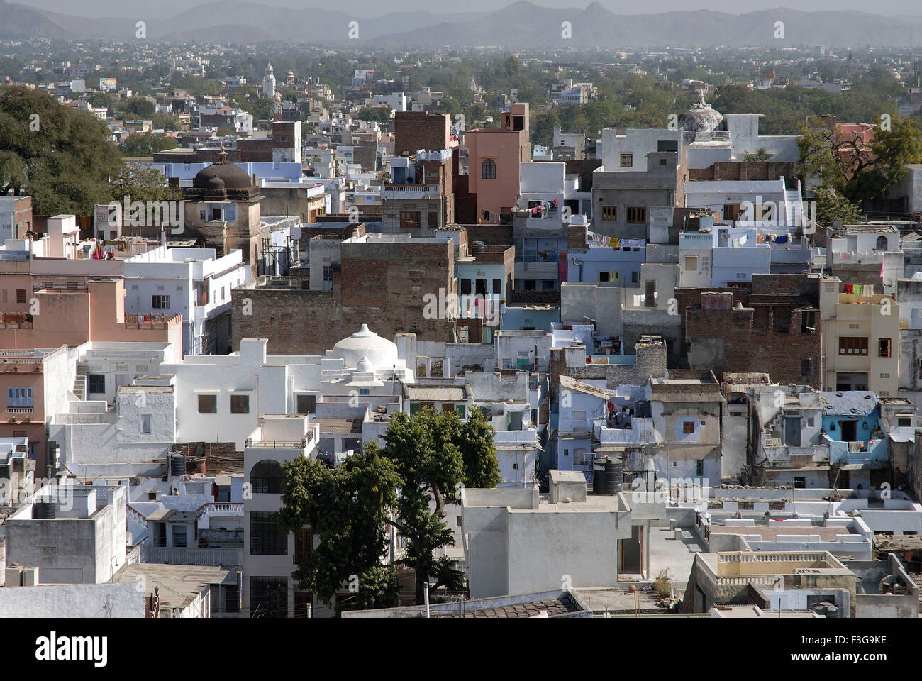 roof tops ; terrace top ; white city ; Udaipur city ; Udaipur ; Rajasthan ; India ; Asia Stock Photo