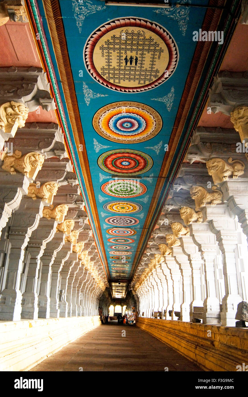 Richly decorated magnificent corridor at Rameswaram temple ; Char Dham ; Tamil Nadu ; India Stock Photo
