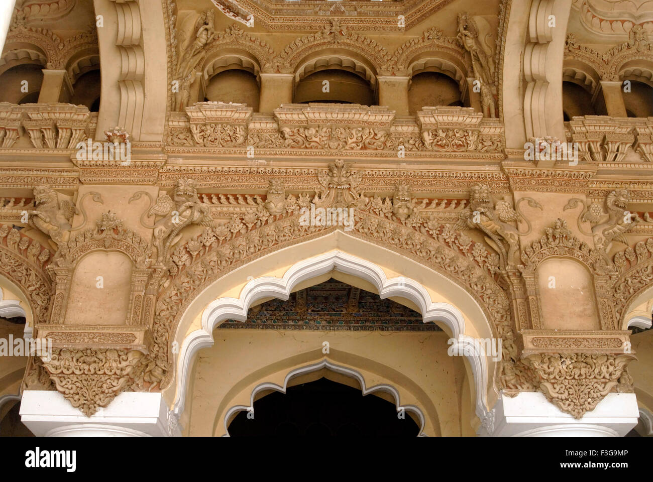 Close view splendid stucco work arches balconies of Thirumalai Nayak palace built Indo Saracenic