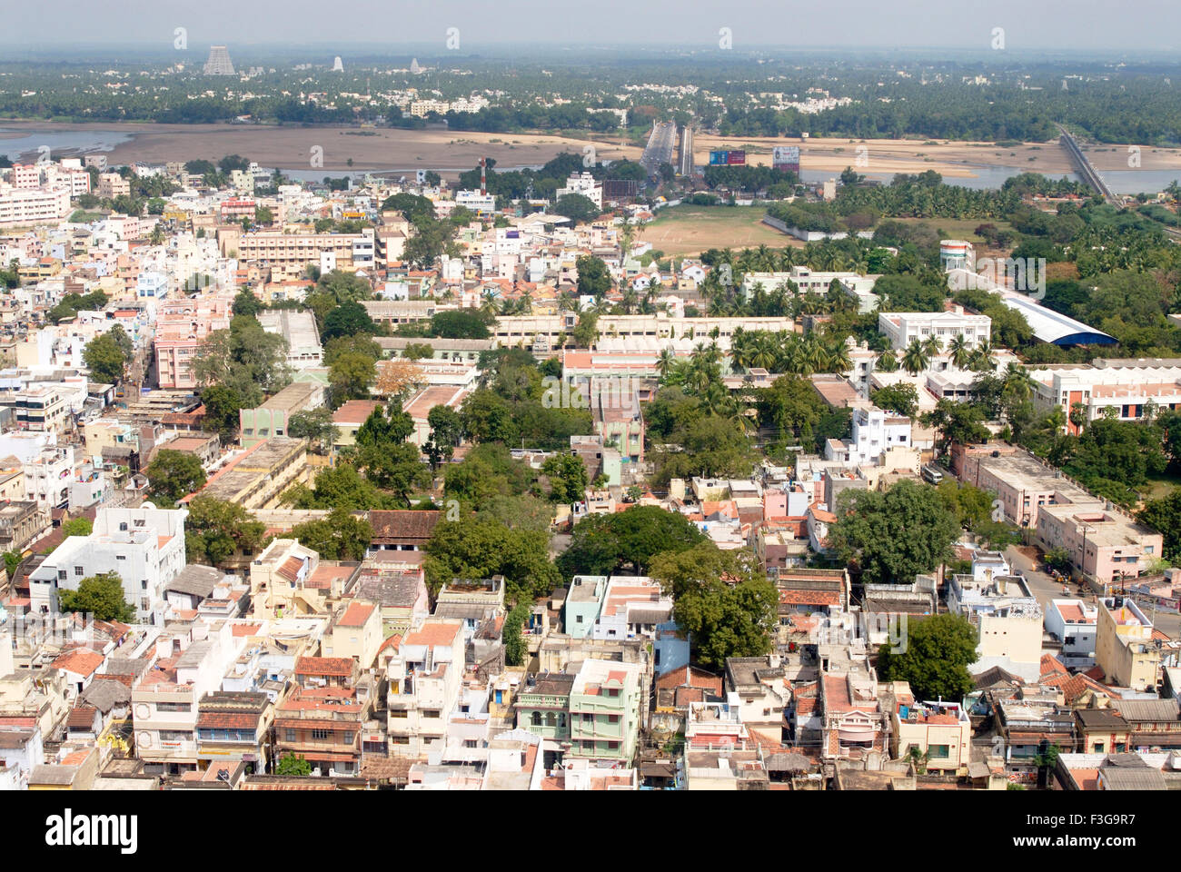 Aerial view of congested multistoreyed buildings of city ; gopuram of Sriranganathaswamy temple ; Tiruchirappalli ; Trichy Stock Photo