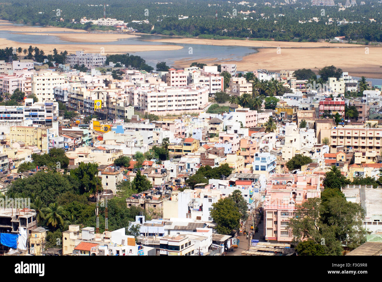 Aerial view of congested multistoreyed buildings of city situated on the banks of river Cauvery ; Tiruchirappalli ; Trichy Stock Photo