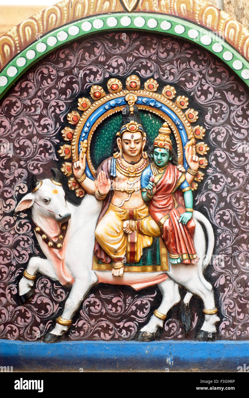 painted relief stucco figures lord Shiva Parvati riding Rishabha ...