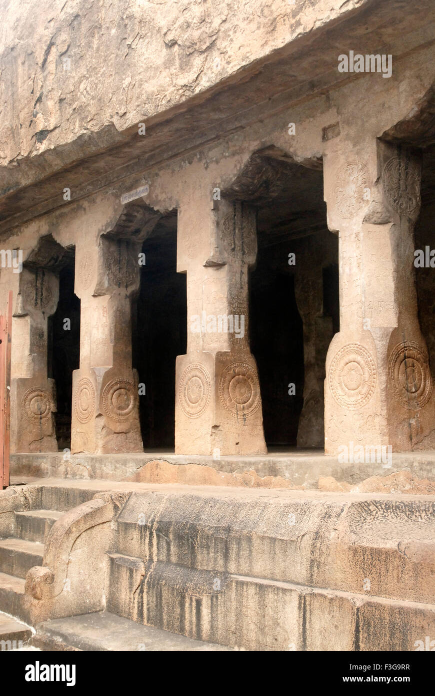 Richly stone carved pillars of Pallava caves at Rock fort ; Tiruchirappalli ; Trichy ; Tamil Nadu ; India Stock Photo