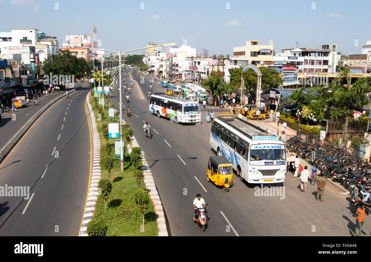 Modern structures on both sides of wide and clean Maraimalai Adigal Salai ; Puducherry ; Union Territory ; India Stock Photo