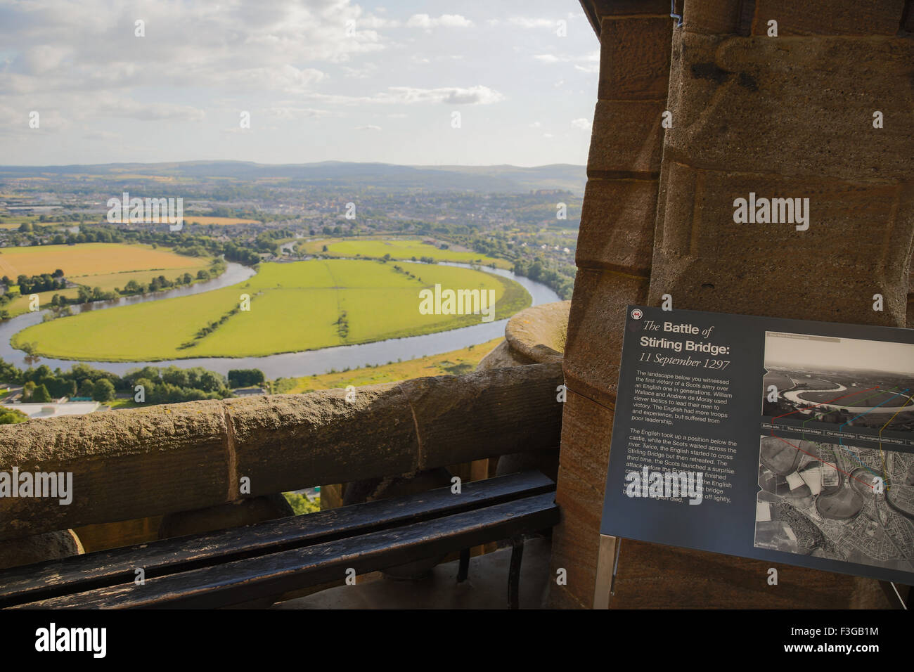 The battlefield of Stirling Bridge surrounded by The River Forth and Stirling viewed from The National Wallace Monument, Stirling in Scotland Stock Photo