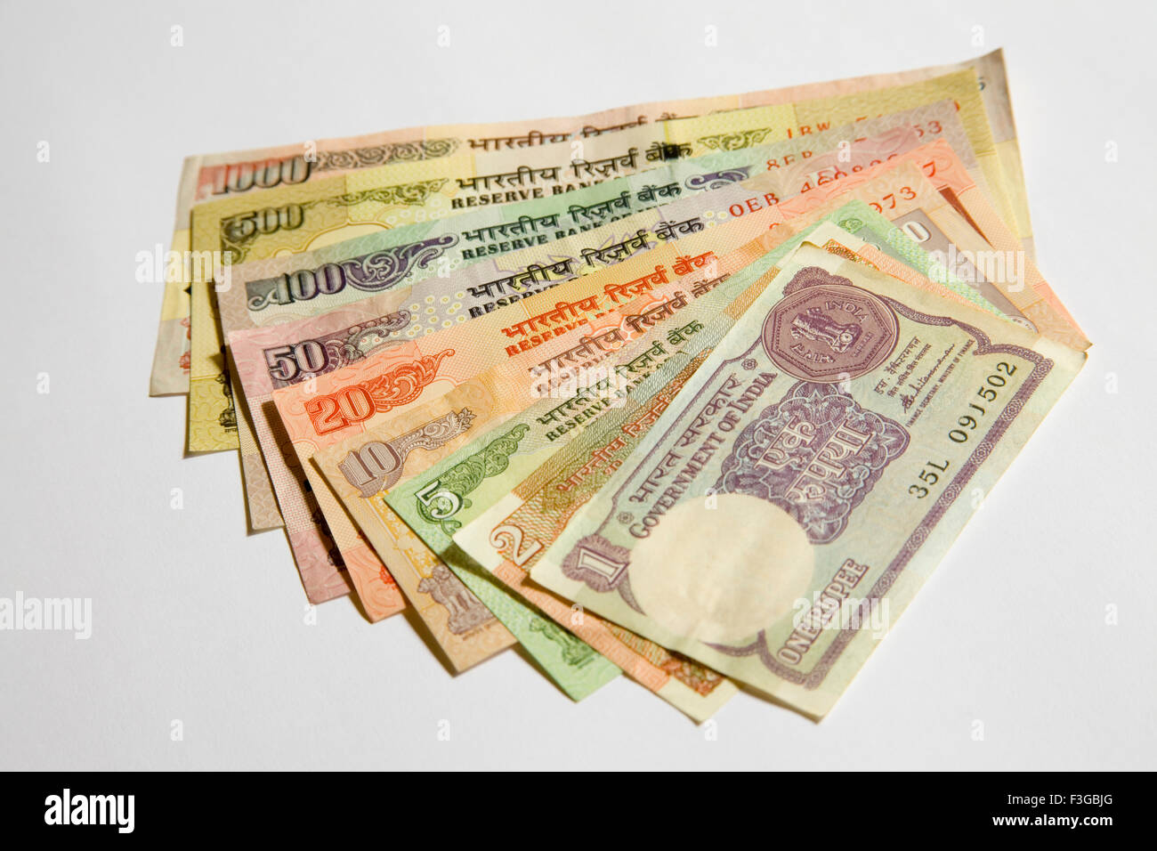 currency one two five ten twenty fifty one and five hundred one thousand  rupees notes Reserve Bank Government Stock Photo - Alamy