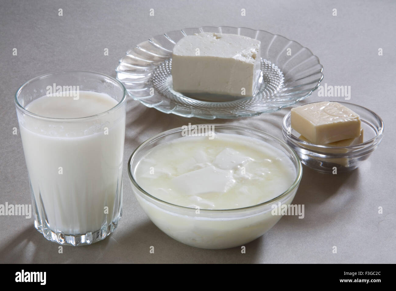 Milk curd yogurt dahi cottage cheese paneer and cheese made from milk or dairy product ; India Stock Photo