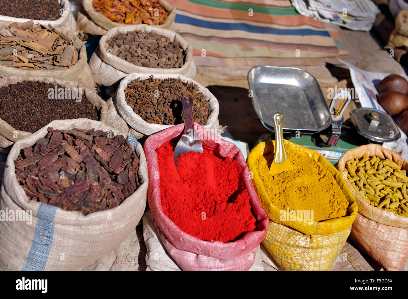 Indian spices selling stall at Panchgani ; Maharashtra ; India Stock Photo