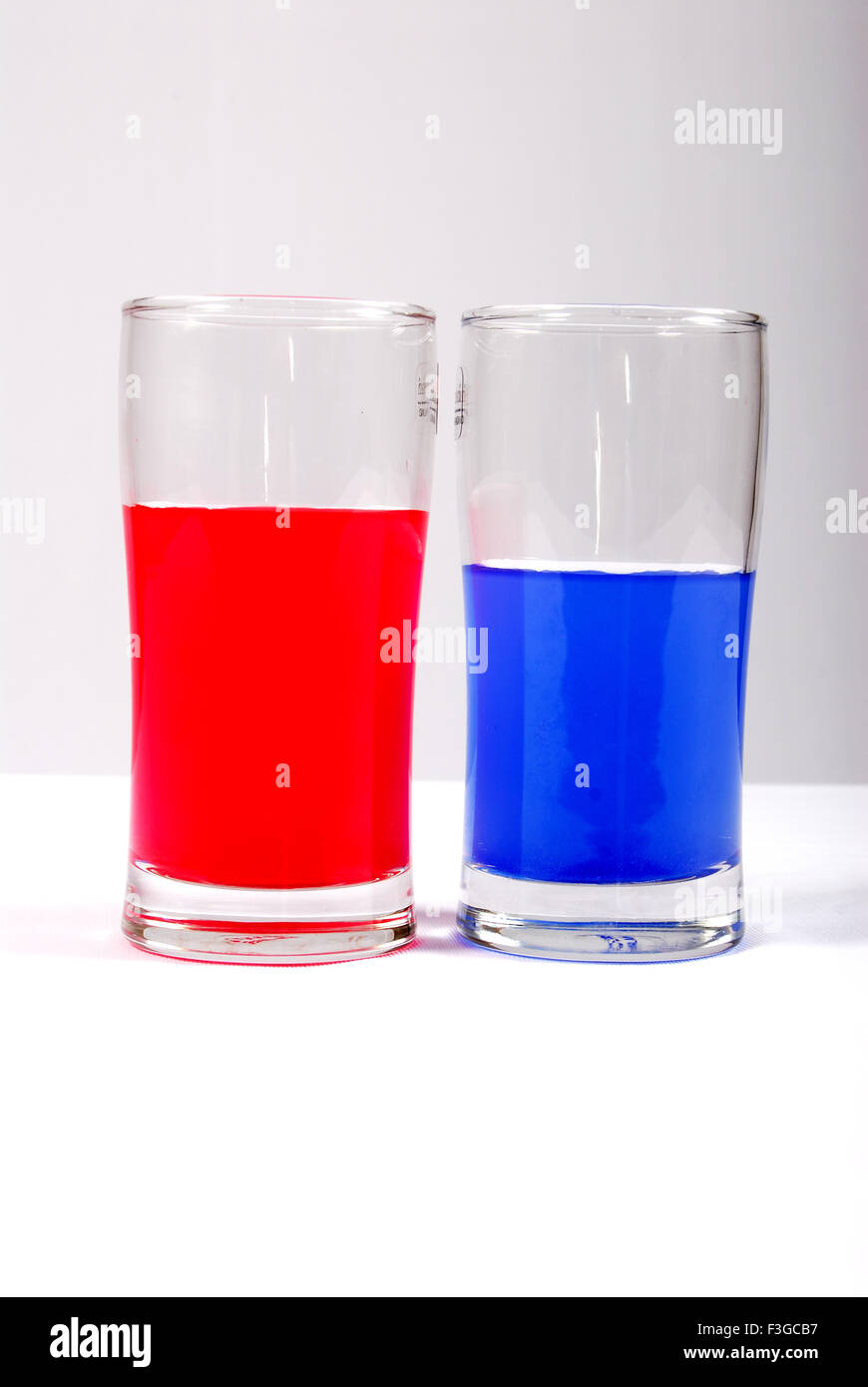 Red and blue color water in glasses on white background Stock Photo