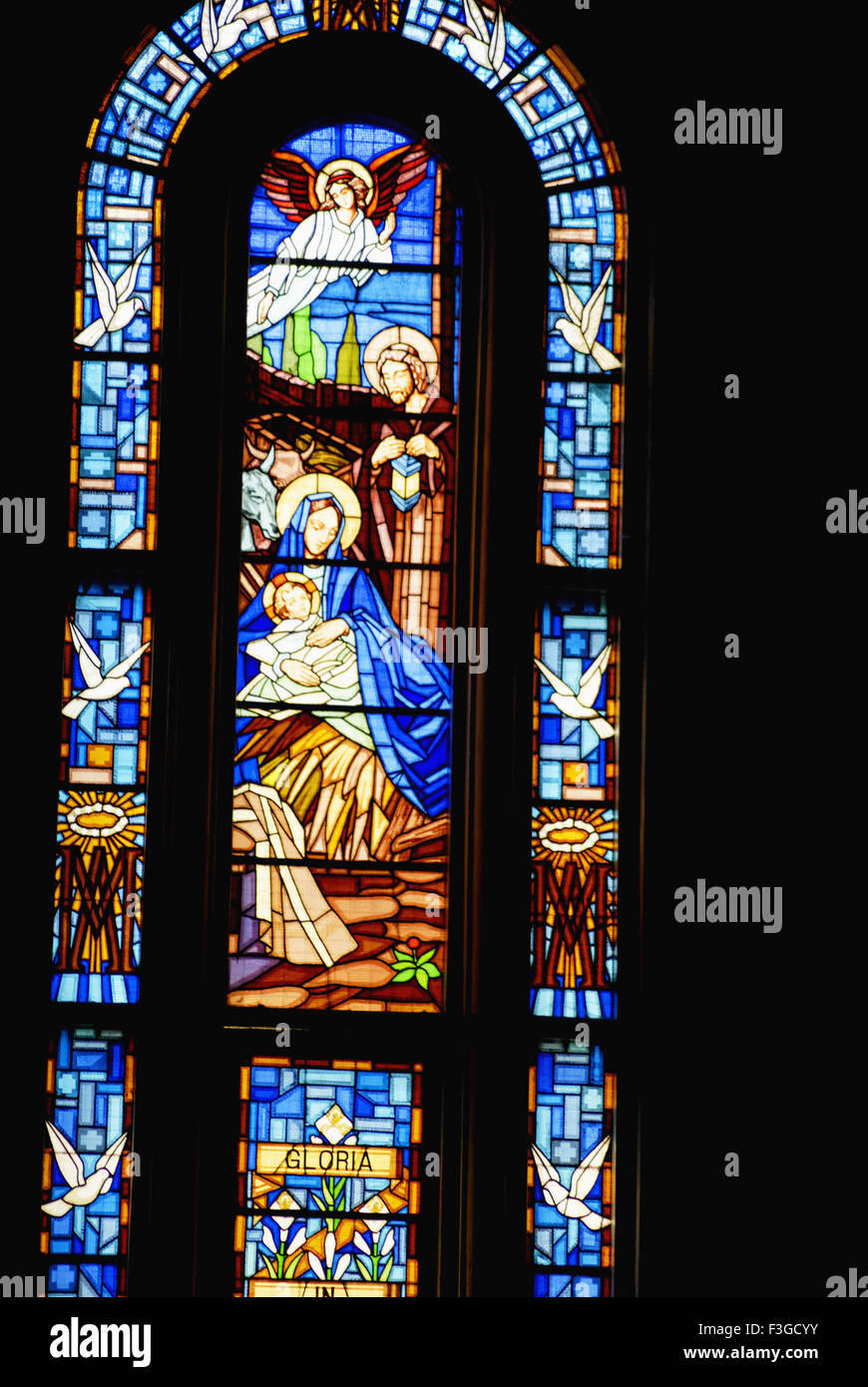 Gloria glory to god birth of Jesus on stained glass in basilica of St. Benedicta of cross Stock Photo
