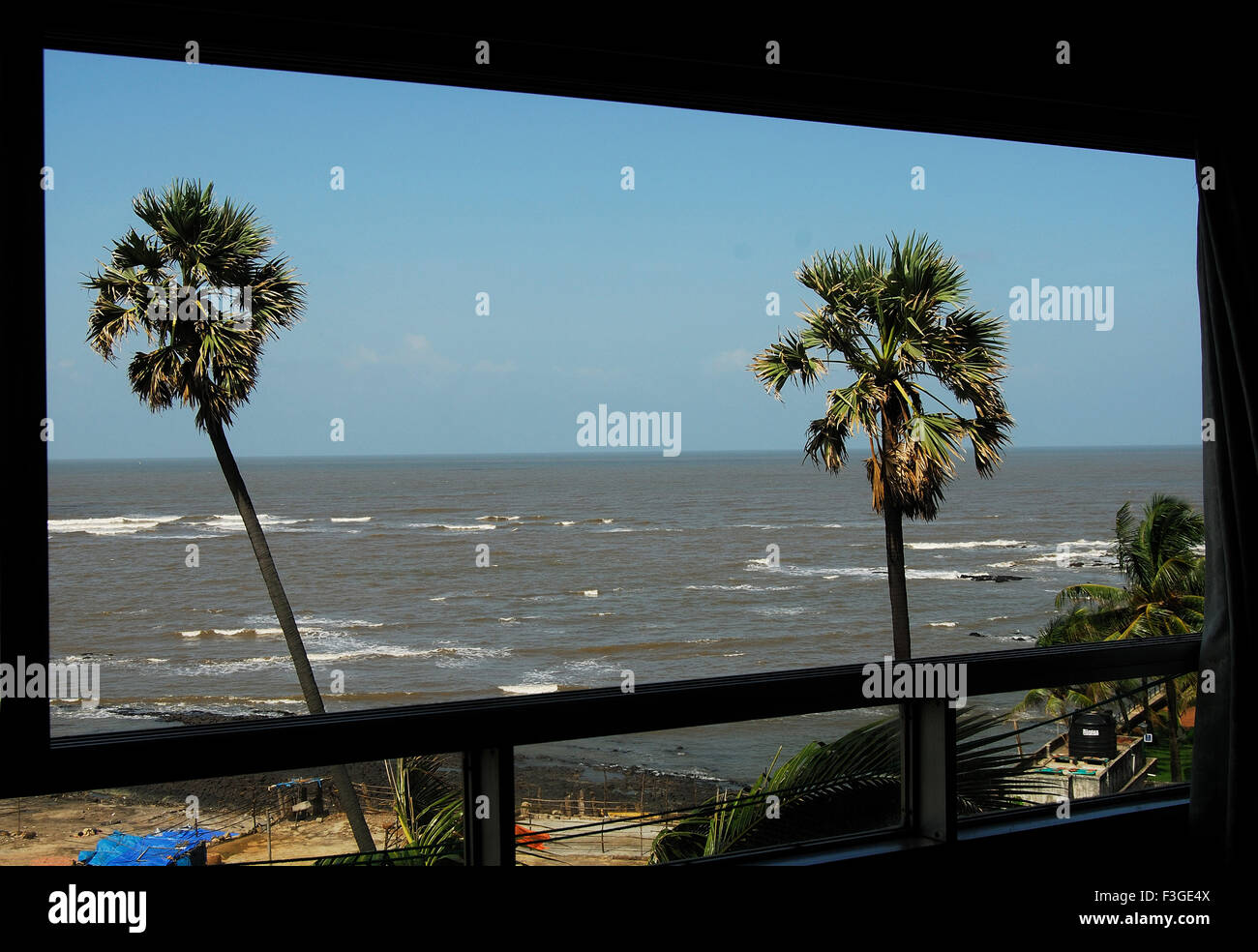 Sea side view Of Arabian Sea From Window Of Living Room ; Bandra ; Bombay Mumbai ; Maharashtra ; Stock Photo