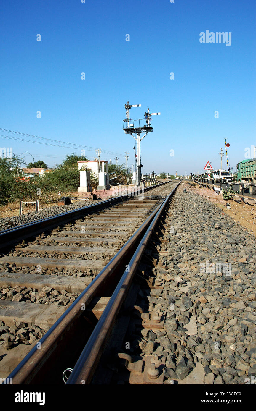 Meterguage railway tracks and signal ; Gujarat ; India Stock Photo Alamy